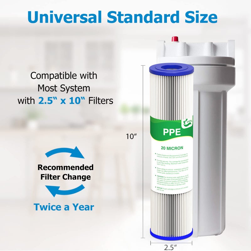 VEGEBE 20 Micron Water Filter 10" x 2.5", 10-inch Whole House Sediment Pre-Filters for Well & Tap water, Replacement Cartridge for FXWPC, EQ-PFC35, ECP5-10, S1, 3WH-STDPL-F02, SPC-25-1005, 6-Pack - Image 3
