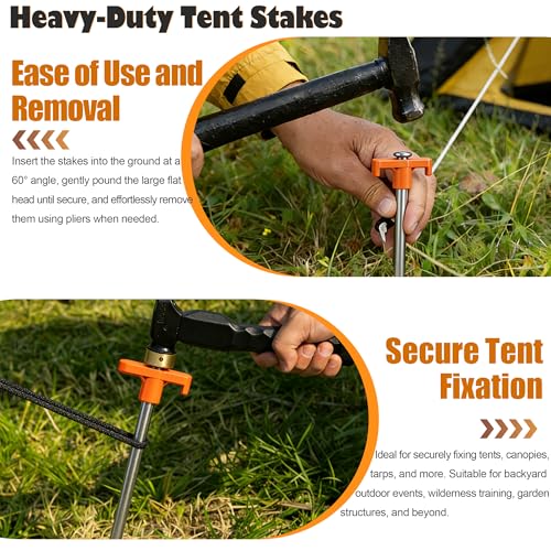 TEOYNGU 10PCS Tent Stakes,Heavy Duty Camping Tent Stakes Non-Rust Metal Tent Pegs for Garden,Hiking,Canopies,Tarp with 10pcs Rubber Protective Sleeve (Orange) - Image 4
