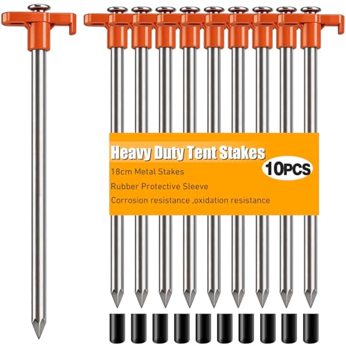 TEOYNGU 10PCS Tent Stakes,Heavy Duty Camping Tent Stakes Non-Rust Metal Tent Pegs for Garden,Hiking,Canopies,Tarp with 10pcs Rubber Protective Sleeve (Orange) - Image 1