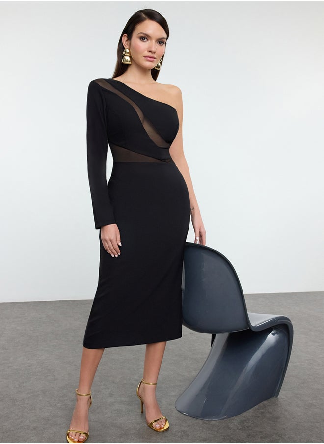 Black Body-Sit Asymmetrical Collar Single Sleeve Woven Elegant Evening Dress TPRAW25EL00142