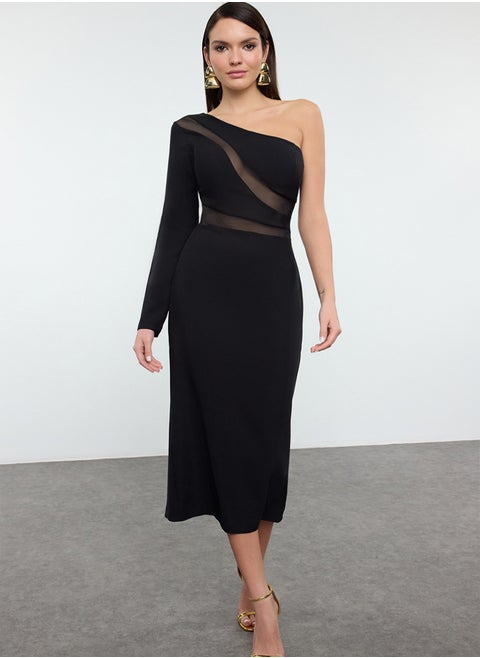 Black Body-Sit Asymmetrical Collar Single Sleeve Woven Elegant Evening Dress TPRAW25EL00142