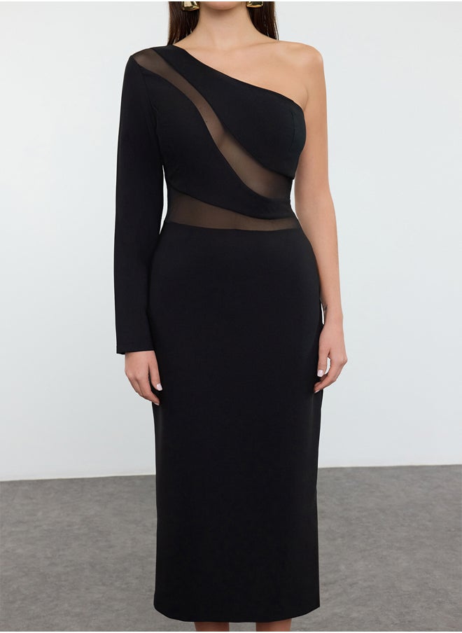 Black Body-Sit Asymmetrical Collar Single Sleeve Woven Elegant Evening Dress TPRAW25EL00142