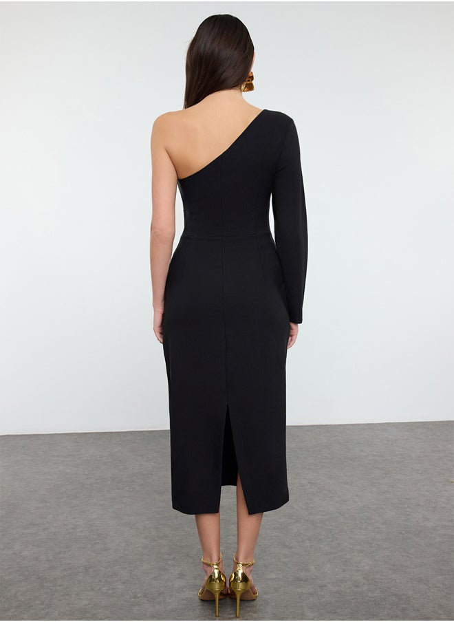 Black Body-Sit Asymmetrical Collar Single Sleeve Woven Elegant Evening Dress TPRAW25EL00142