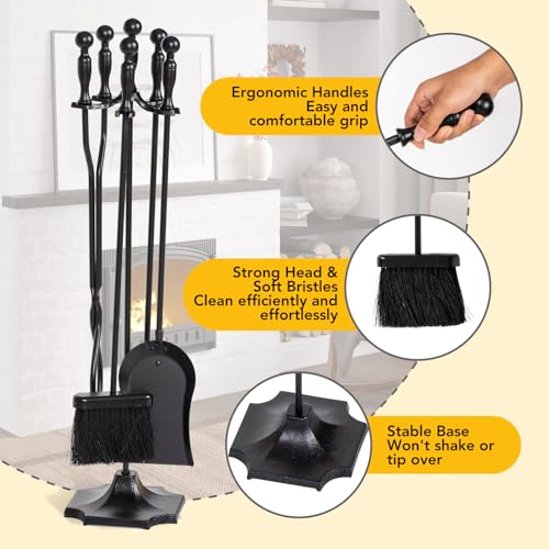 nalone 5 Pieces Fireplace Tools Set, Heavy Duty Wrought Iron Fireplace Accessories Set with Poker, Tong, Shovel, Brush, Fire Place Tools Indoor Outdoor (Black) - Image 4