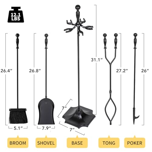 nalone 5 Pieces Fireplace Tools Set, Heavy Duty Wrought Iron Fireplace Accessories Set with Poker, Tong, Shovel, Brush, Fire Place Tools Indoor Outdoor (Black) - Image 3
