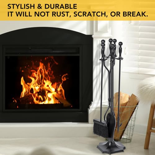 nalone 5 Pieces Fireplace Tools Set, Heavy Duty Wrought Iron Fireplace Accessories Set with Poker, Tong, Shovel, Brush, Fire Place Tools Indoor Outdoor (Black) - Image 2