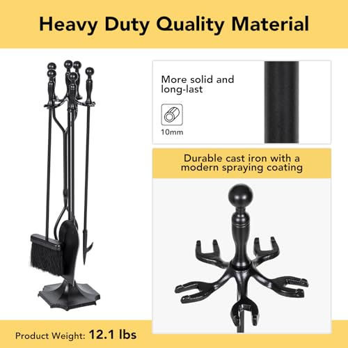 nalone 5 Pieces Fireplace Tools Set, Heavy Duty Wrought Iron Fireplace Accessories Set with Poker, Tong, Shovel, Brush, Fire Place Tools Indoor Outdoor (Black) - Image 5