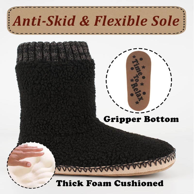 cosyone1997 Cozy Boot Slippers for Men Indoor, Fuzzy House Shoes with Non Slip Gripper Soles, Soft Warm Moccasin Socks, Winter Gifts for Christmas Unique, Black Adult Size 10-11 - Image 4