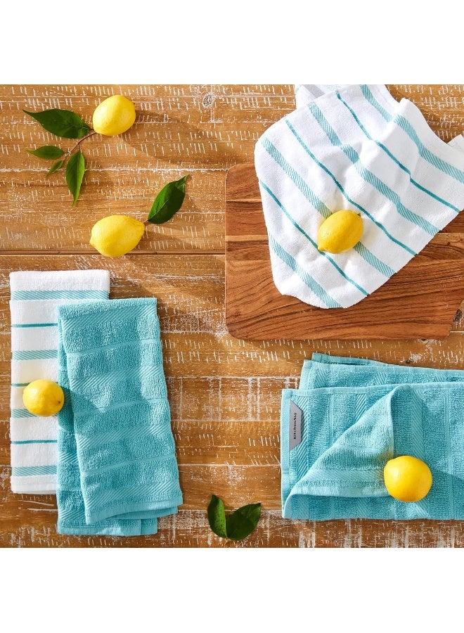 KitchenAid Albany Kitchen Towel 4-Pack Set, Aqua/White, 16"X26"  - Image 1