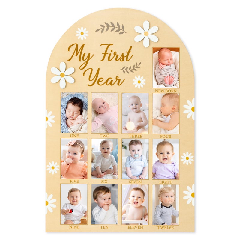 R HORSE R HORSE My First Year Photo Display Wood Board 3D Daisy Babys First Year Picture Frame 12 Months Milestone Board Neutral Baby Keepsake Birthday Nursery Decor Gift for Boy Girl