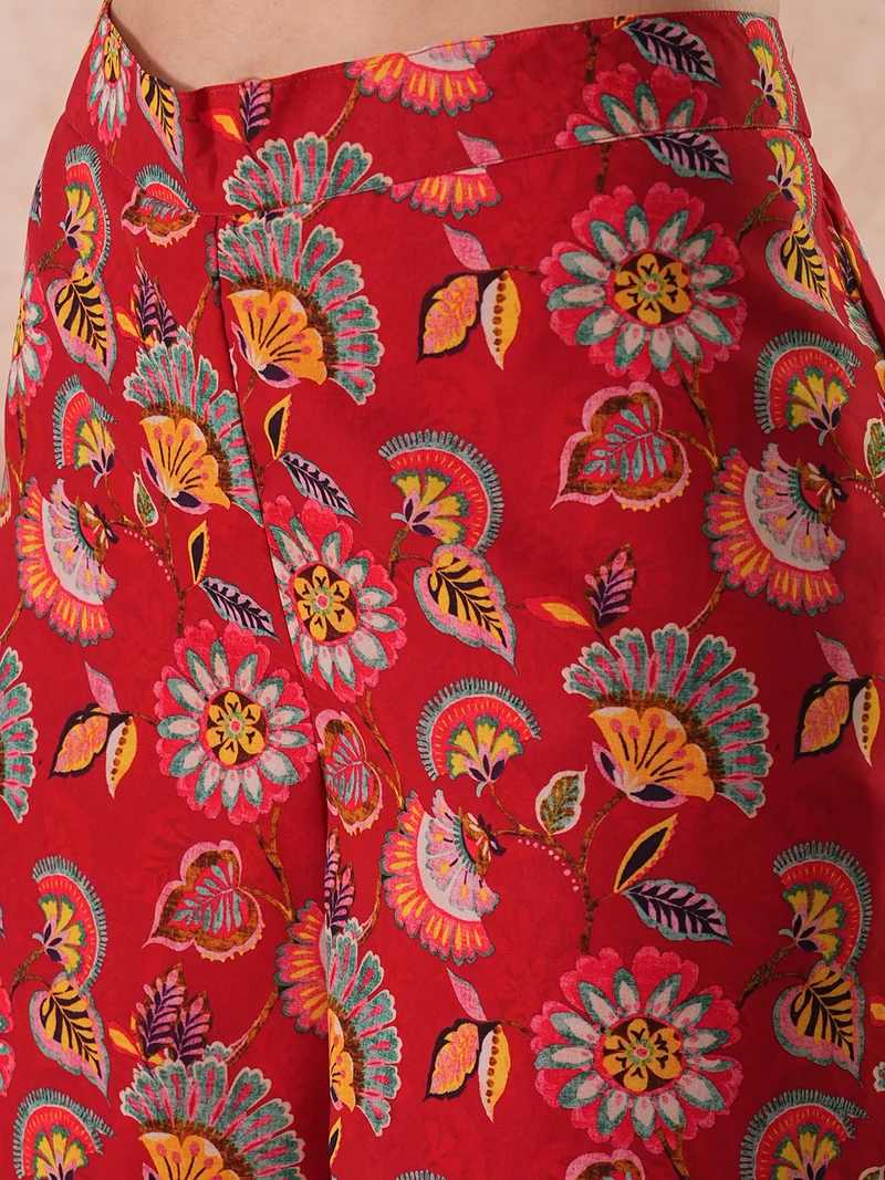globus Women Maroon Floral Printed V-Neck Georgette Tunic With Sharara