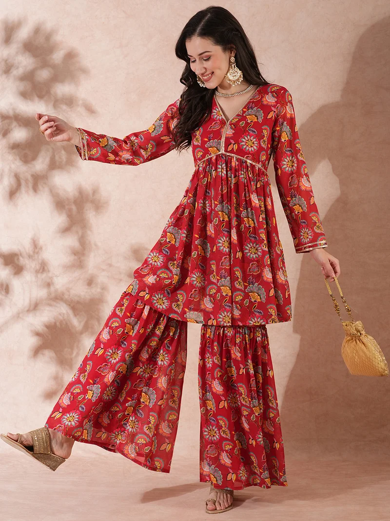 globus Women Maroon Floral Printed V-Neck Georgette Tunic With Sharara