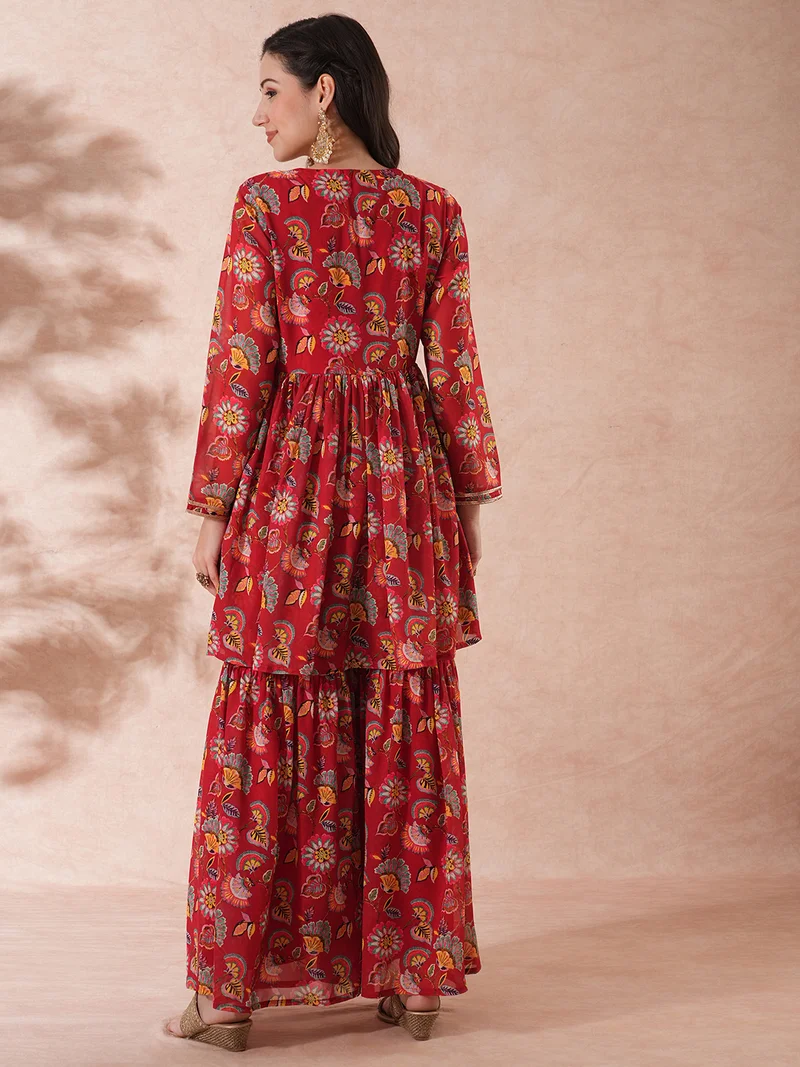 globus Women Maroon Floral Printed V-Neck Georgette Tunic With Sharara
