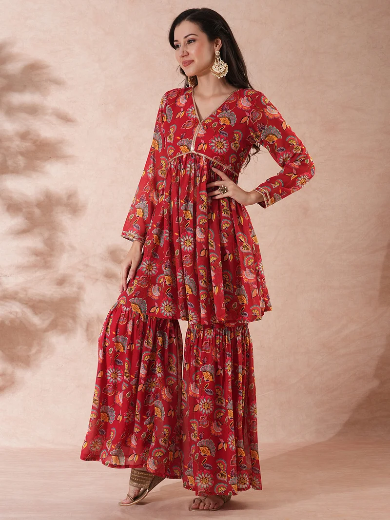 globus Women Maroon Floral Printed V-Neck Georgette Tunic With Sharara
