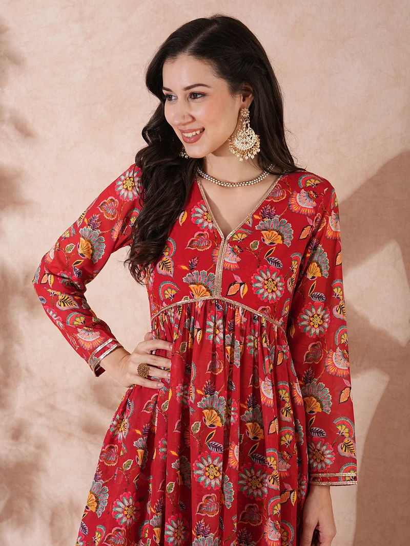 globus Women Maroon Floral Printed V-Neck Georgette Tunic With Sharara