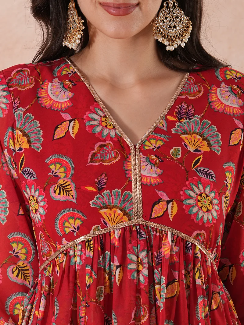 globus Women Maroon Floral Printed V-Neck Georgette Tunic With Sharara