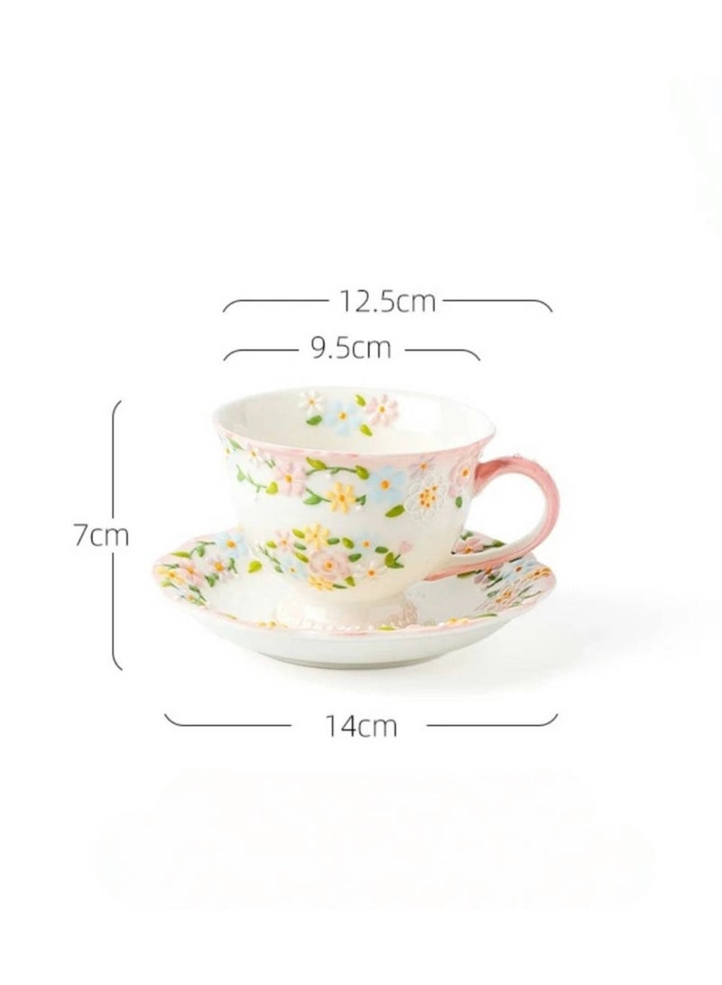 Floral Embossed Coffee Cup and Saucer Set - 260ml Hand-Painted Ceramic Tea Cup with 3D Relief Flowers, Elegant Afternoon Tea Set for Espresso, Latte, or Loose Leaf Tea - Image 3