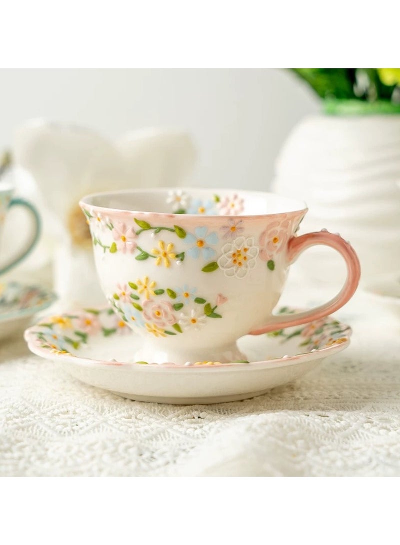 Floral Embossed Coffee Cup and Saucer Set - 260ml Hand-Painted Ceramic Tea Cup with 3D Relief Flowers, Elegant Afternoon Tea Set for Espresso, Latte, or Loose Leaf Tea - Image 5