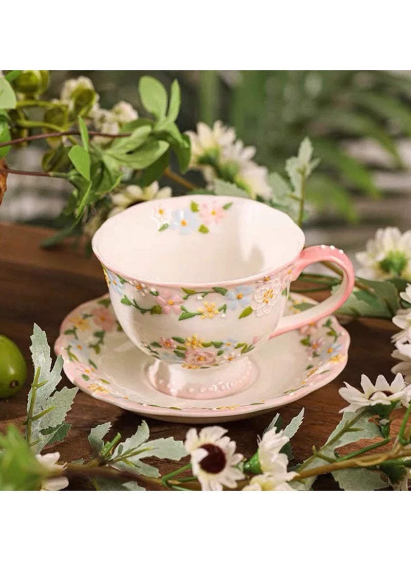 Floral Embossed Coffee Cup and Saucer Set - 260ml Hand-Painted Ceramic Tea Cup with 3D Relief Flowers, Elegant Afternoon Tea Set for Espresso, Latte, or Loose Leaf Tea - Image 1