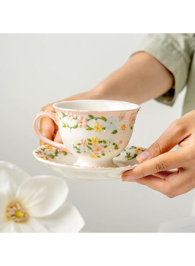 Floral Embossed Coffee Cup and Saucer Set - 260ml Hand-Painted Ceramic Tea Cup with 3D Relief Flowers, Elegant Afternoon Tea Set for Espresso, Latte, or Loose Leaf Tea - Image 4
