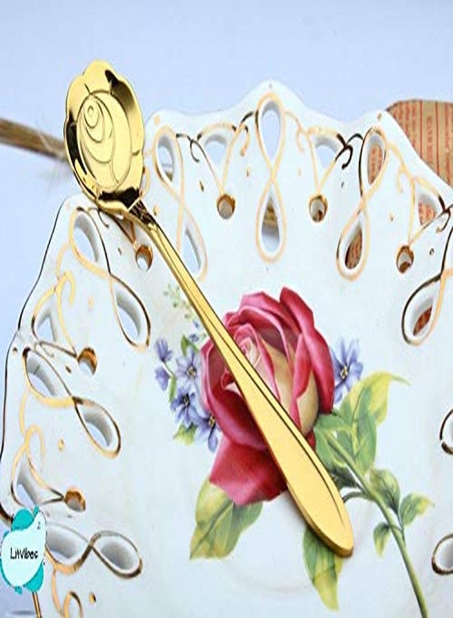 Litvibes Set of 4 Stainless Steel Creative Tableware Flower Dessert Spoon,Coffee Spoon,Sugar Spoon,Mixing Spoon,Tea Spoon,Stirring Spoon,Cake and Ice Cream Spoon,Stir bar Gold Spoon- (Rose Design) - Image 3