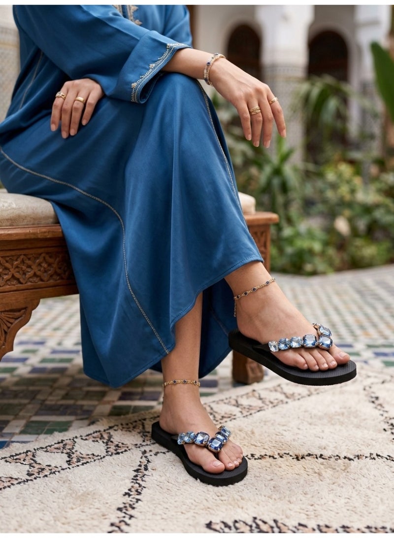 Women Luxury Trendy Jeweled Flip‑Flops, Unique Stylish Thong Sandals Decorated with Sparkling Blue Crystal Rhinestones, Non‑Slip Black EVA Flat Ladies Slippers for Summer Beach Daily Casual Outfits - Image 5
