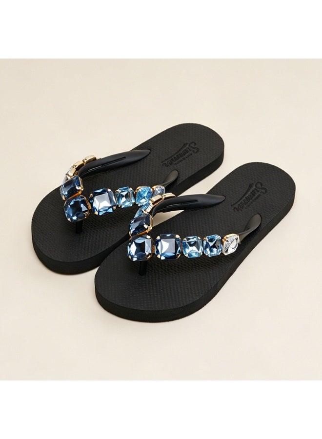 Women Luxury Trendy Jeweled Flip‑Flops, Unique Stylish Thong Sandals Decorated with Sparkling Blue Crystal Rhinestones, Non‑Slip Black EVA Flat Ladies Slippers for Summer Beach Daily Casual Outfits - Image 1