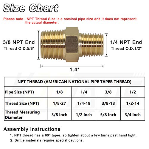 KOOTANS 3/8 NPT x 1/4 NPT Male Solid Brass Hex Nipples, Heavy Brass Pipe Adapter Fittings Reducing Nipples Connectors 4Pieces - Image 2