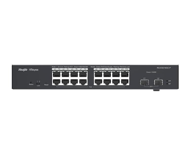 Ruijie RG-ES218GC-P Reyee, 18-Port Gigabit Smart POE Switch, 16 Gigabit RJ45 Ports including 16 POE/POE+ Ports, 2 SFP Slots, 240W PoE power budget,13-inch Rack-mountable Steel Case - Image 2