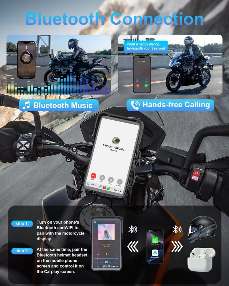 25HOURS Vertical-style Motorcycle Carplay HD Touch Screen, Motorcycle GPS Navigation System with Carplay and Android Auto, IP67 Waterproof, Support Tire Pressure settings, Bluetooth, Voice Control, Navigation - Image 5
