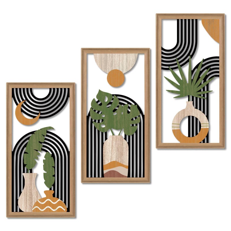 Putuo Decor Boho Abstract Wall Art Set of 3, Modern Minimalist Wooden Wall Decor, Geometric Aesthetic Botanical Artwork, Mid-Century Modern Design for Living Room, Bedroom, Office, Black 16.5 x 8.6 - Image 1