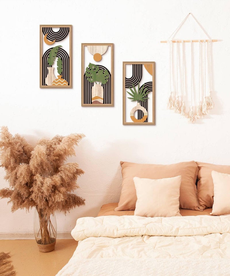 Putuo Decor Boho Abstract Wall Art Set of 3, Modern Minimalist Wooden Wall Decor, Geometric Aesthetic Botanical Artwork, Mid-Century Modern Design for Living Room, Bedroom, Office, Black 16.5 x 8.6 - Image 5