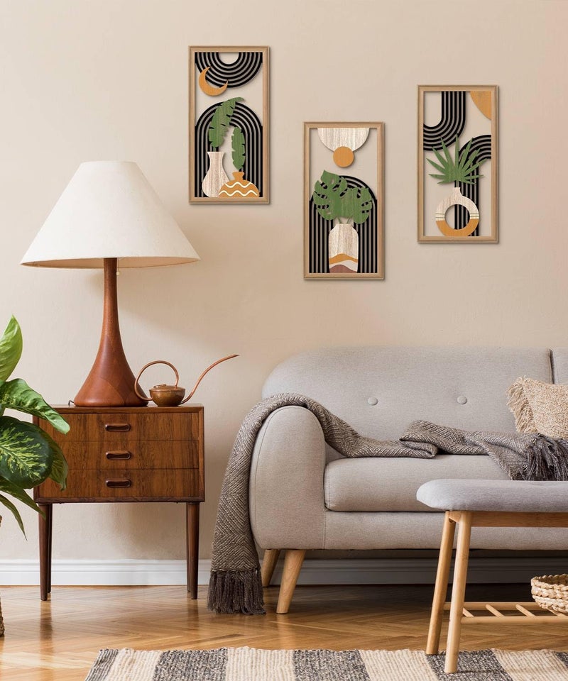 Putuo Decor Boho Abstract Wall Art Set of 3, Modern Minimalist Wooden Wall Decor, Geometric Aesthetic Botanical Artwork, Mid-Century Modern Design for Living Room, Bedroom, Office, Black 16.5 x 8.6 - Image 4