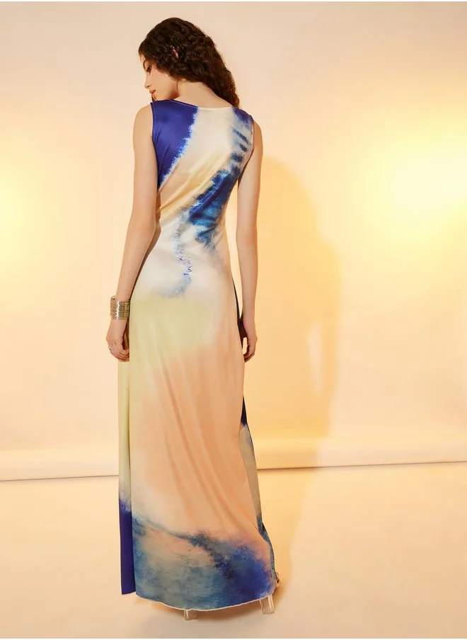 ستايلي Tie and Dye Print Ruched A-Line Maxi Dress
