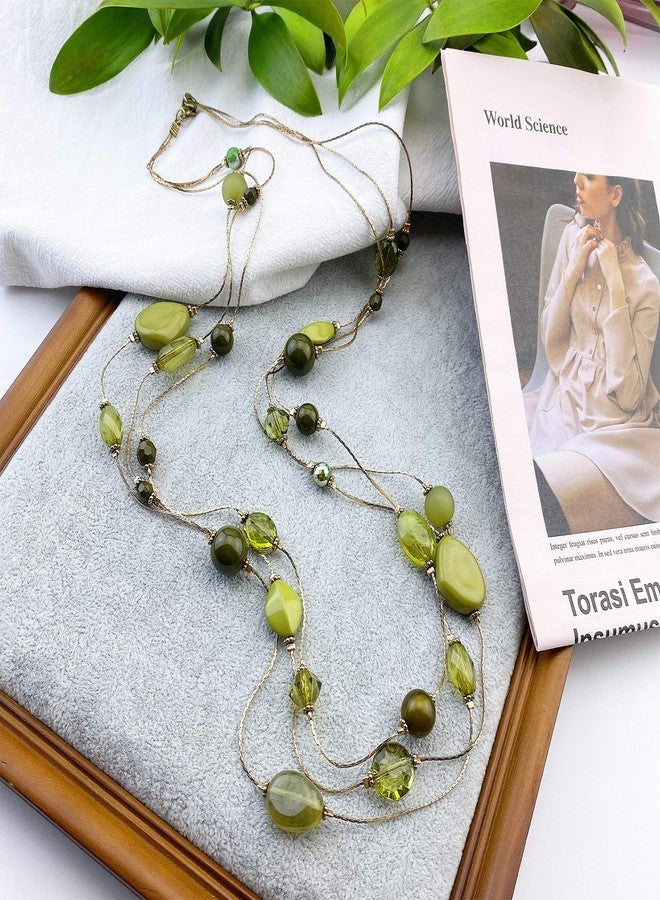 COIRIS 3 Layers Green Beads Illusion Wire Long Statement Necklace For Women (N0008) - Image 3