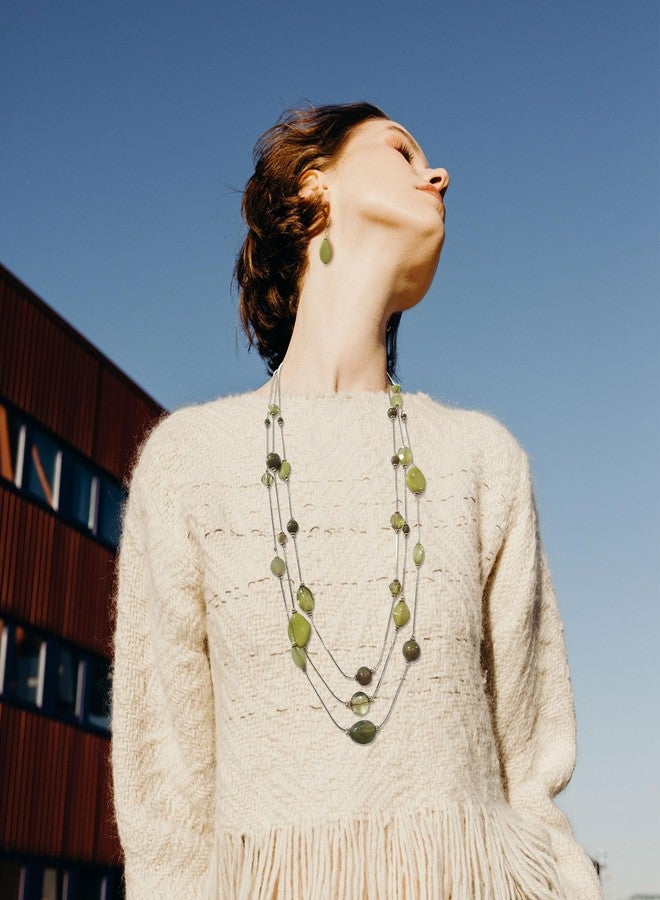 COIRIS 3 Layers Green Beads Illusion Wire Long Statement Necklace For Women (N0008) - Image 5