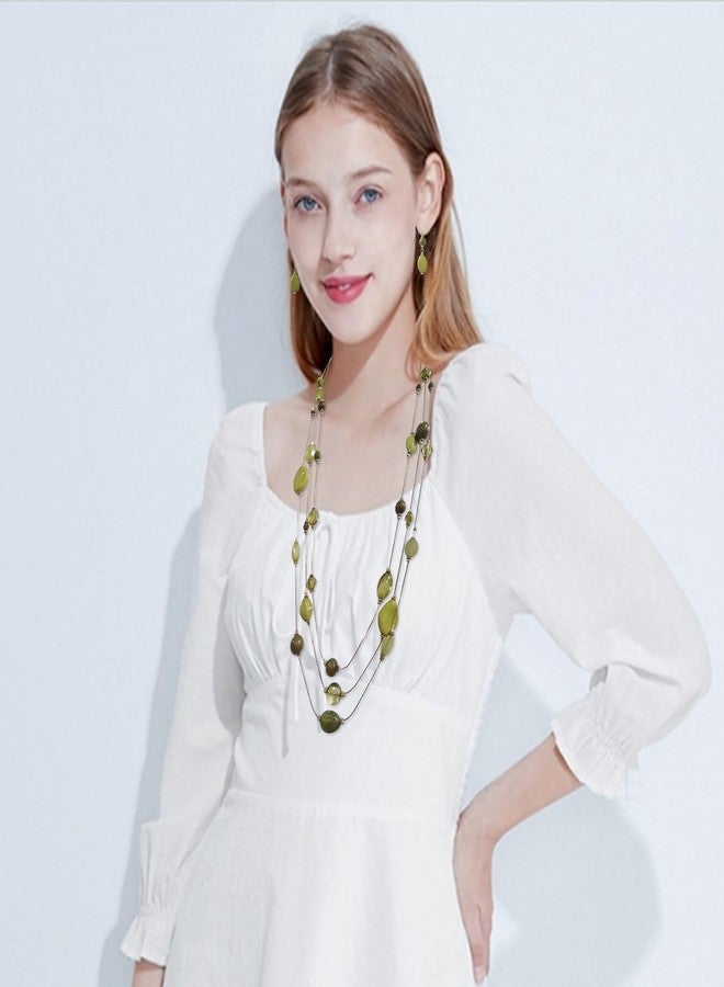 COIRIS 3 Layers Green Beads Illusion Wire Long Statement Necklace For Women (N0008) - Image 4