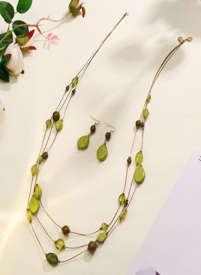 COIRIS 3 Layers Green Beads Illusion Wire Long Statement Necklace For Women (N0008) - Image 2