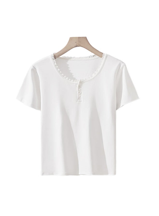 Yiershuang Women's T-shirt Short Sleeve Lace Button Collar Summer Thin Versatile Slimming Regular Shoulder Base Layer Inner Wear Round Neck Top