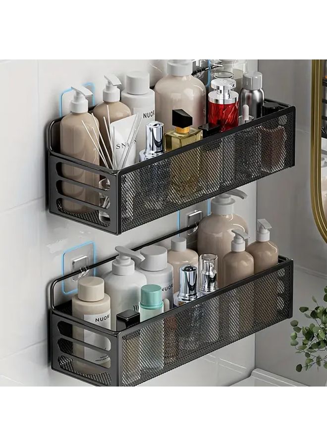 Black Wall Mounted Iron Shower Caddy No Nails Required Cosmetic Organizer Bathroom Storage Basket - Image 2
