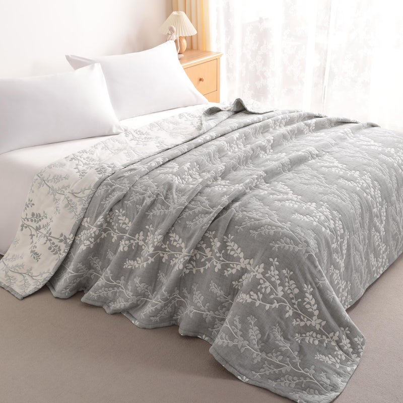 NTBAY 3 Layers Cotton Muslin 88x92 Queen Bed Blanket, Super Soft Breathable Thermal Yarn Dyed Quilt for Adults, Perfect Lightweight Blanket for Couch Sofa Bed All Seasons, Grey Tree - Image 1