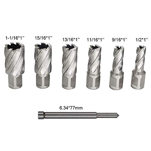 JESTUOUS Annular Cutters Set 6pcs JESTUOUS 3/4 Inch Weldon Shank 1 Cutting Depth 1/2-1-1/16 Cutting Diameter Two Flat HSS Slugger Bits for Mag Drill Press with Pilot Pin - Image 2