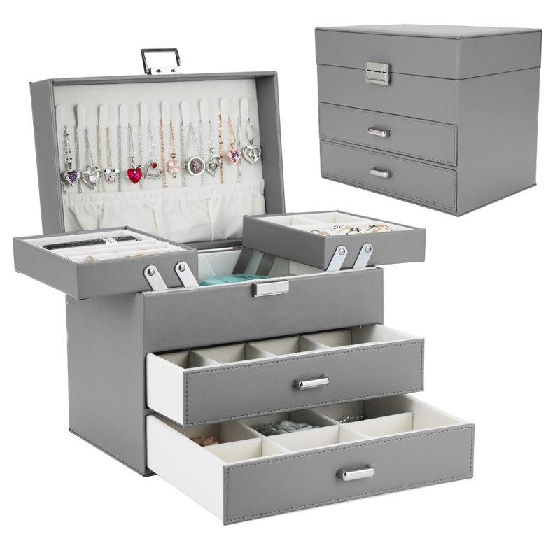 Dajasan Jewelry Holder Organizer Box Jewelry Boxes for Women Girls 4 Layers Large Jewelry Storage Box for Earring Ring Necklace Bracelets Grey