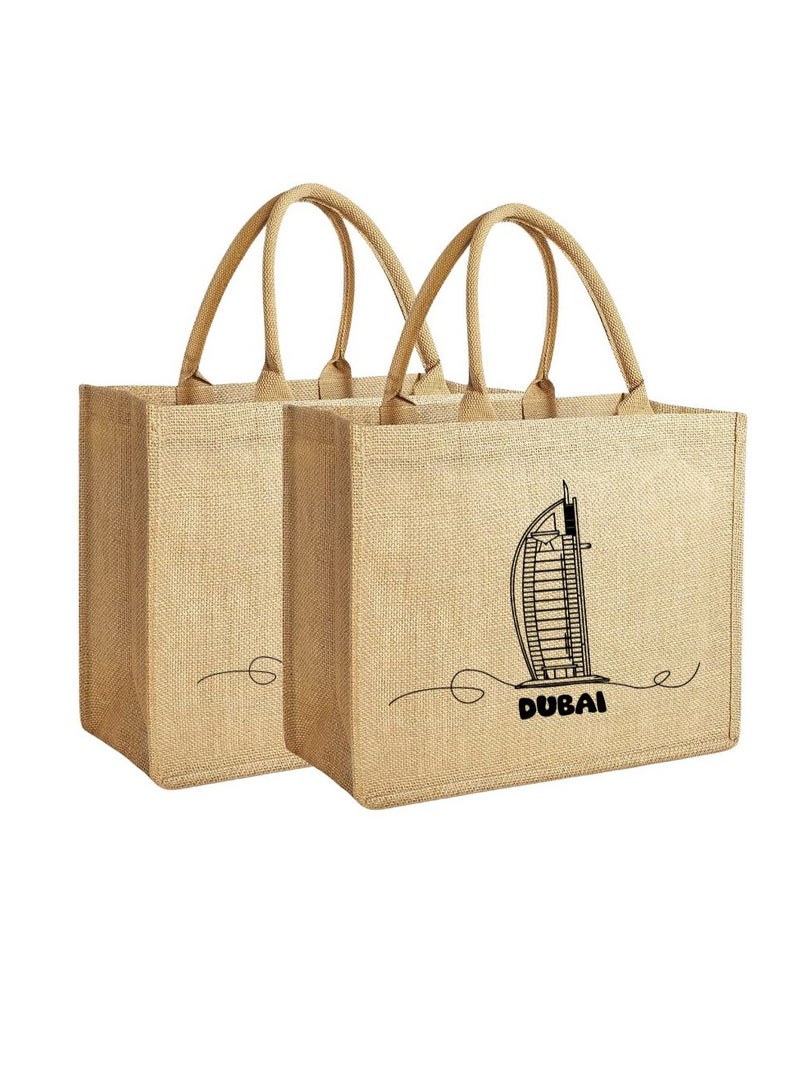 مجموعة من حقيبتين من الجوت - أكياس بقالة صديقة للبيئة وقابلة لإعادة الاستخدام مع طباعة على الوجهين - مثالية للبقالة والشاطئ والضروريات اليومية - Image 1