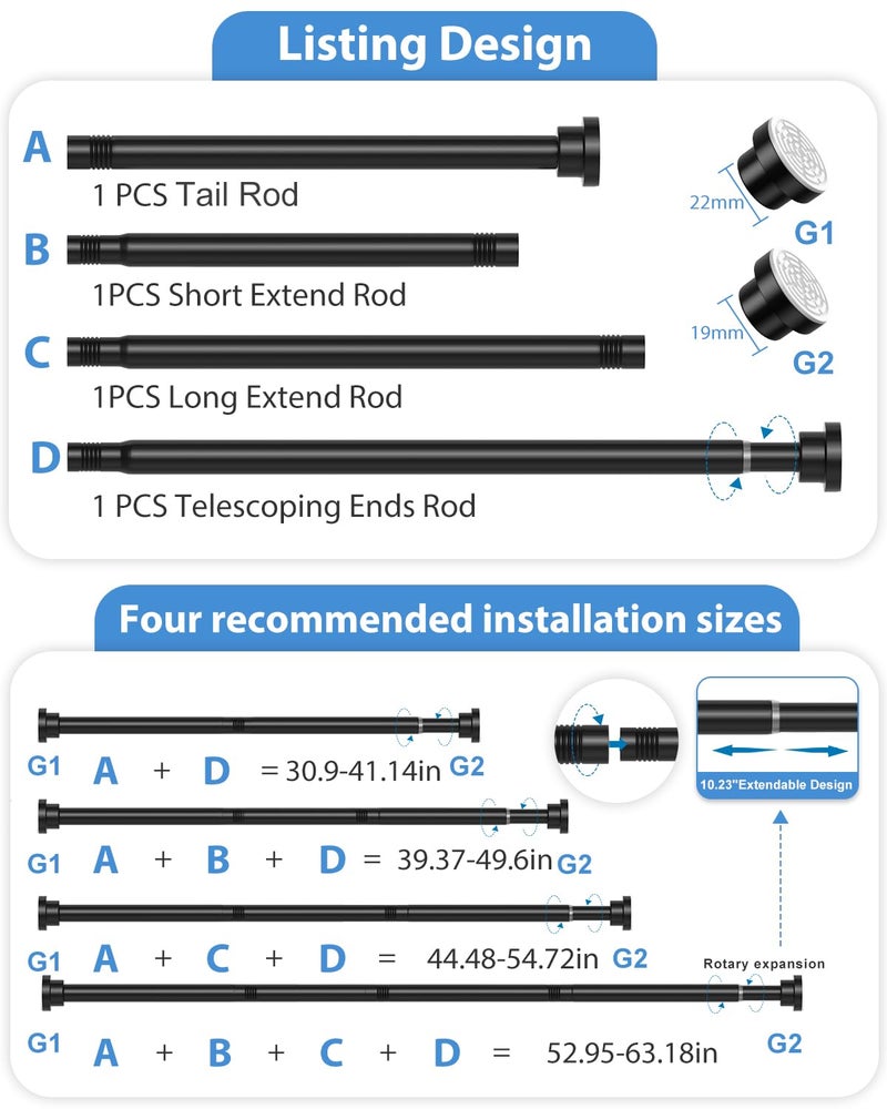 QINGYUN Tension Curtain Rod 30 to 63 Inch, Spring Tension Rod for Windows Black Adjustable Expandable Curtain Rods No Drilling Spring Loaded Curtain Rods for Windows,Doorway,Bathroom,Closet - Image 2