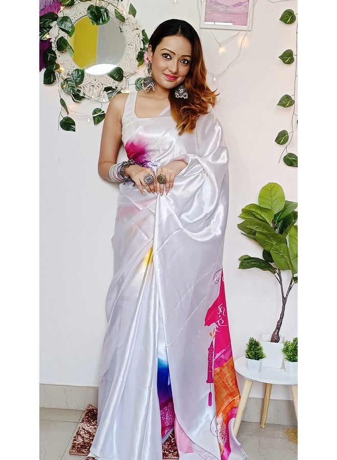 Sidhidata Women's Satin Holi Printed Saree With With Unstitched Blouse Piece (Happy Holi Satin_Whitee_Free Size) - Image 5