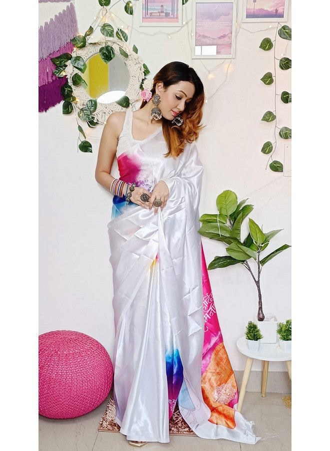 Sidhidata Women's Satin Holi Printed Saree With With Unstitched Blouse Piece (Happy Holi Satin_Whitee_Free Size) - Image 3