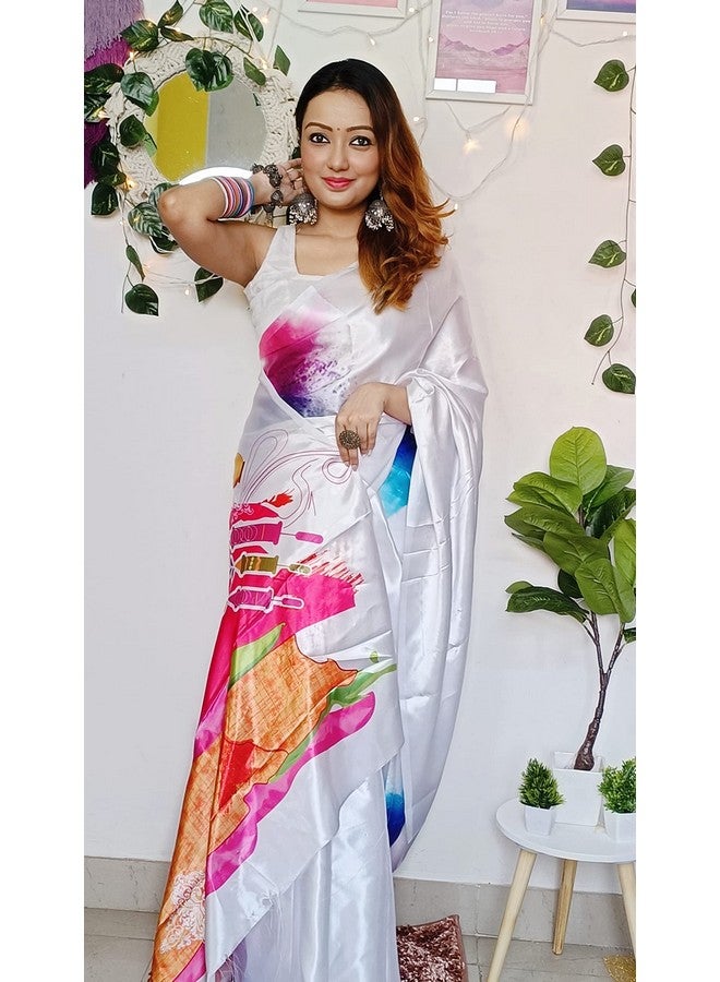 Sidhidata Women's Satin Holi Printed Saree With With Unstitched Blouse Piece (Happy Holi Satin_Whitee_Free Size) - Image 2
