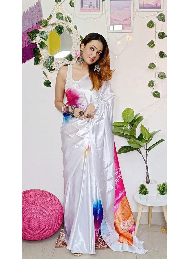 Sidhidata Women's Satin Holi Printed Saree With With Unstitched Blouse Piece (Happy Holi Satin_Whitee_Free Size) - Image 4