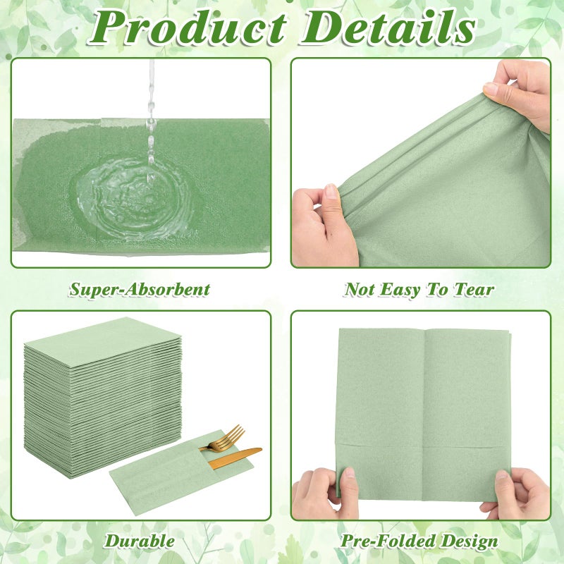 NatNarr 60 Pcs Sage Green Linen-Feel Paper Napkins with Built-in Flatware Pocket, Pocket Linen Napkins Prefolded Cloth Like Paper Napkins Bulk for Silverware Easter Wedding Baby Shower Birthday Bridal Party - Image 4